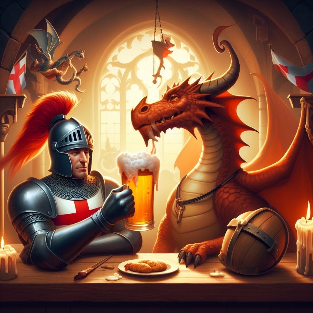 St George and a Dragon sharing a beer and some food