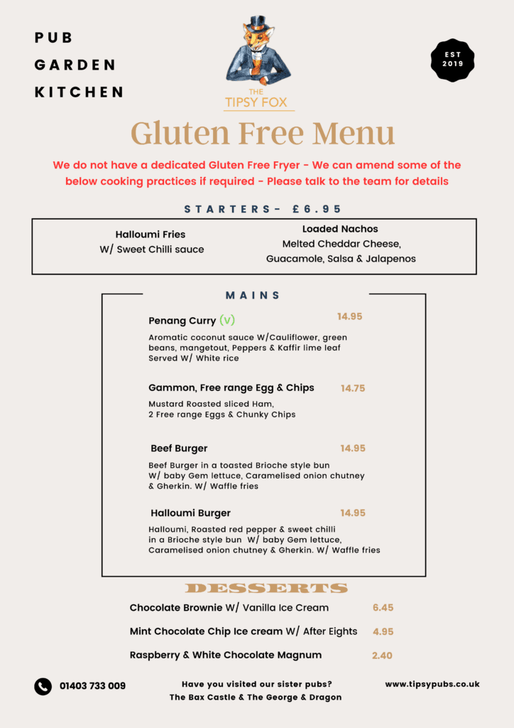 Gluten free menu