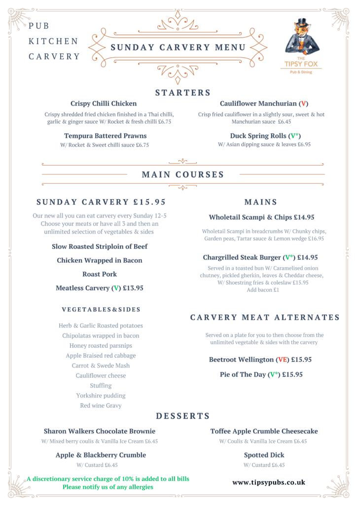 Sunday carvery menu