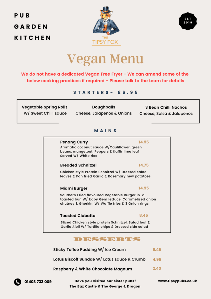 Vegan menu